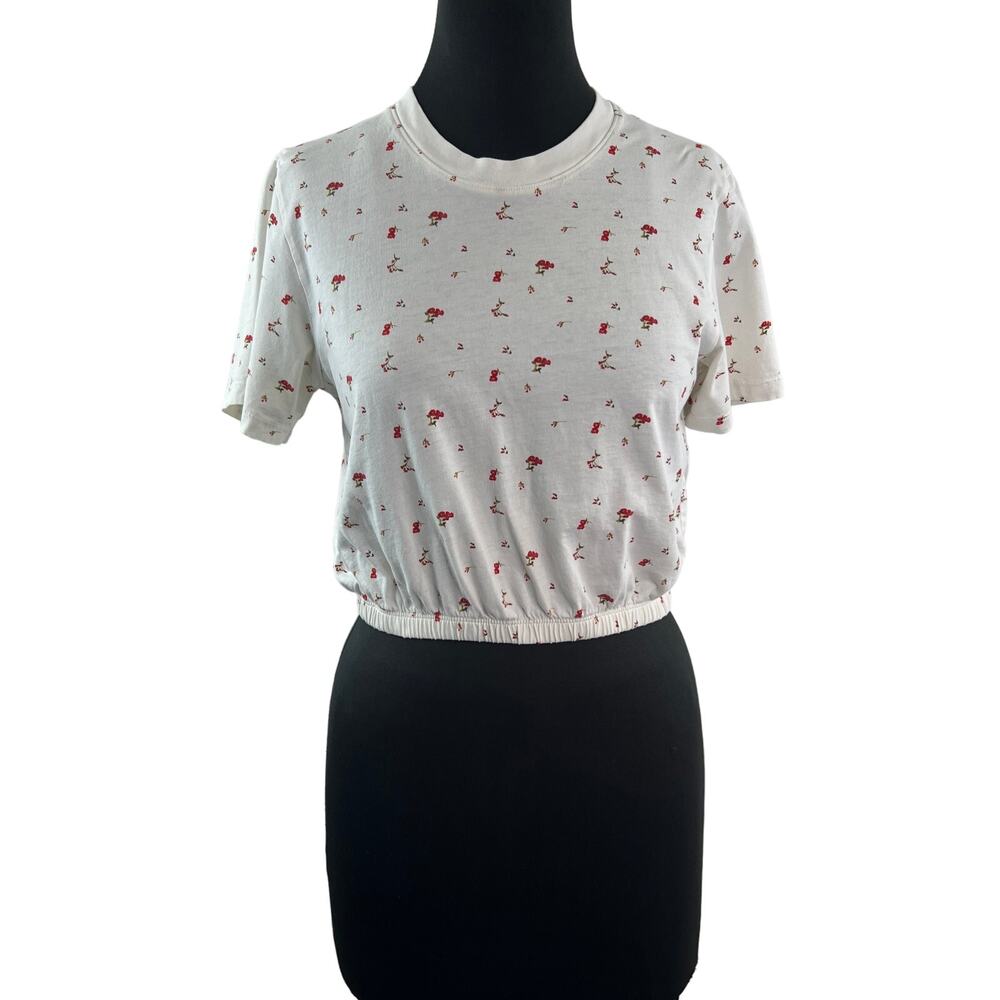 Wilfred White Red Crop Top Floral Crew Neck Short Sleeve Pullover Size Medium M